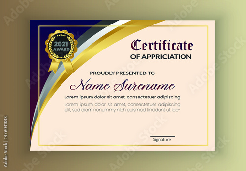 Modern golden certificate of achievement template with badge