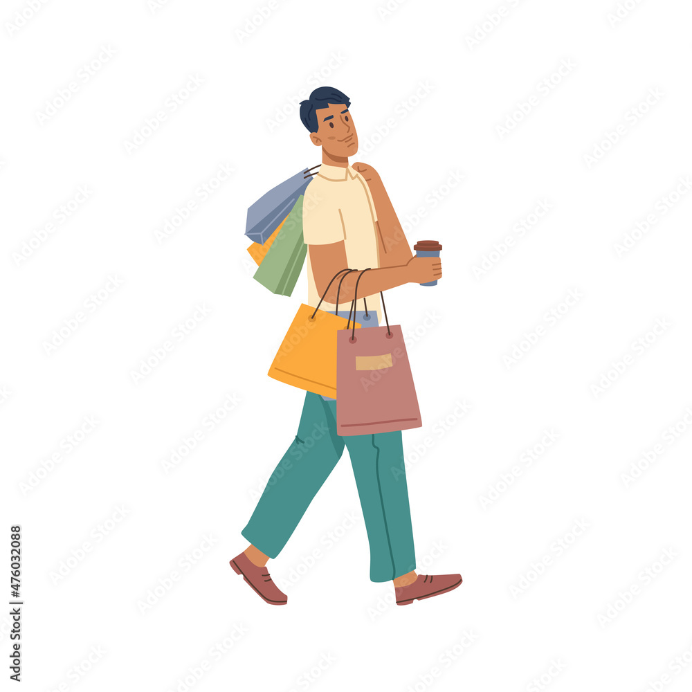 Shopping male person with package bags and coffee cup in hands isolated flat cartoon character personage. Vector smiling guy shopper, man on seasonal or Black Friday sale hold purchases in paper packs