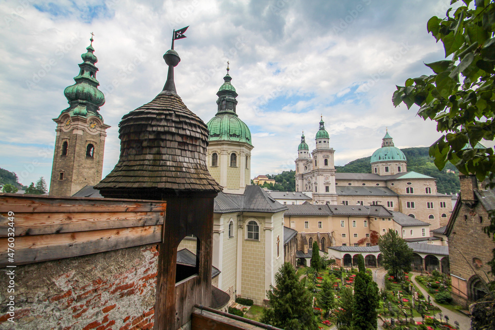 Scenic view of the Salzburg cathedral an old church and a graveyard