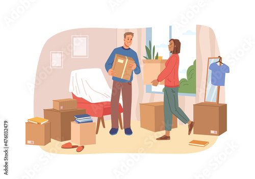 People relocating to new apartment flat cartoon illustration. Vector young couple unpacking furniture in living room. Man and woman cartoon characters packing belongings. House moving concept.