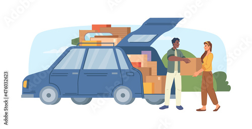 Relocating and moving to new apartment or office, people loading boxes to minivan car flat cartoon illustration. Vector young couple man woman characters packing belongings to vehicle, house moving