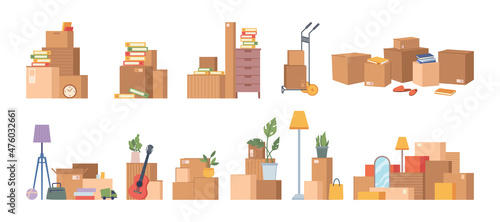 Packed cardboard boxes with personal stuff, plants, home decoration and furniture isolated flat cartoon set of pack with things. Vector relocation or moving in home or office, belongings in packages