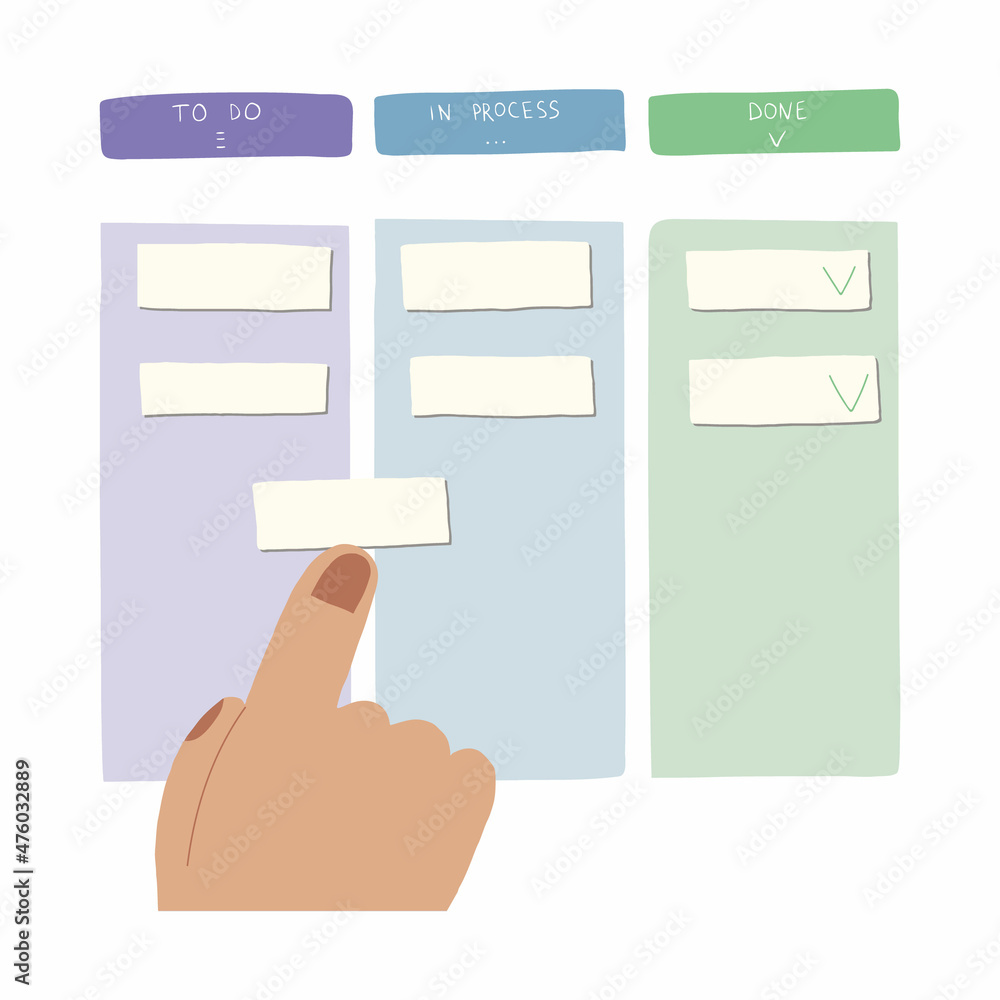 To do list, time management or planning concept. Todo list in progress. Mobile application with check marks, abstract text and hand. Vector flat illustration To do list, time management or planning concept. Todo list in progress. Mobile application with check marks, abstract text and hand. Vector flat illustration