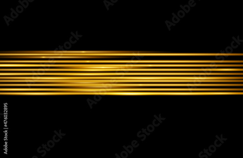Velocity light effect. Horizontal lens flares and Laser beams, horizontal light rays Velocity motion. Vector gold glowing illustration.
