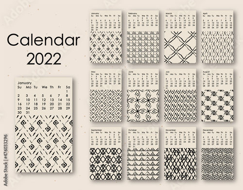 Abstract hand drawn new year 2022 calendar.