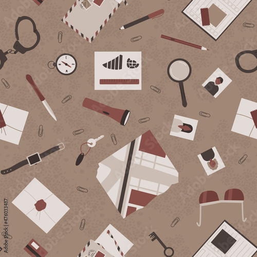 Seamless pattern on the theme of a detective investigation. The detective's accessories, a magnifying glass, handcuffs, a book, and a compass are scattered on the table. Flat vector illustration.