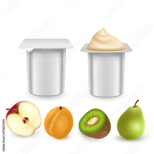 Set of Natural Yogurt packaging container jar design, including strawberry, cherry, apricot taste, template vector format
