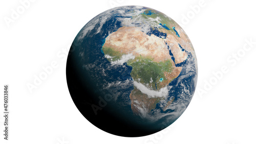 Planet Earth with clouds. White Background. Africa and part of Asia and Europe. Elements of this image furnished by NASA. 3D rendering.