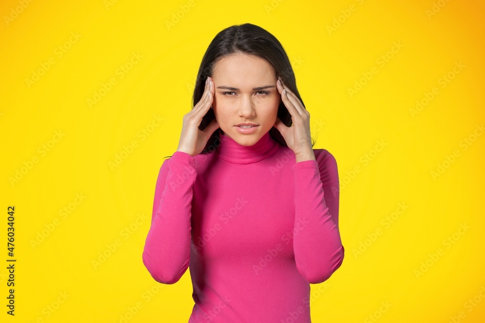 Distressed tired woman touch temples, suffer huge migraine need painkillers, painful headache,