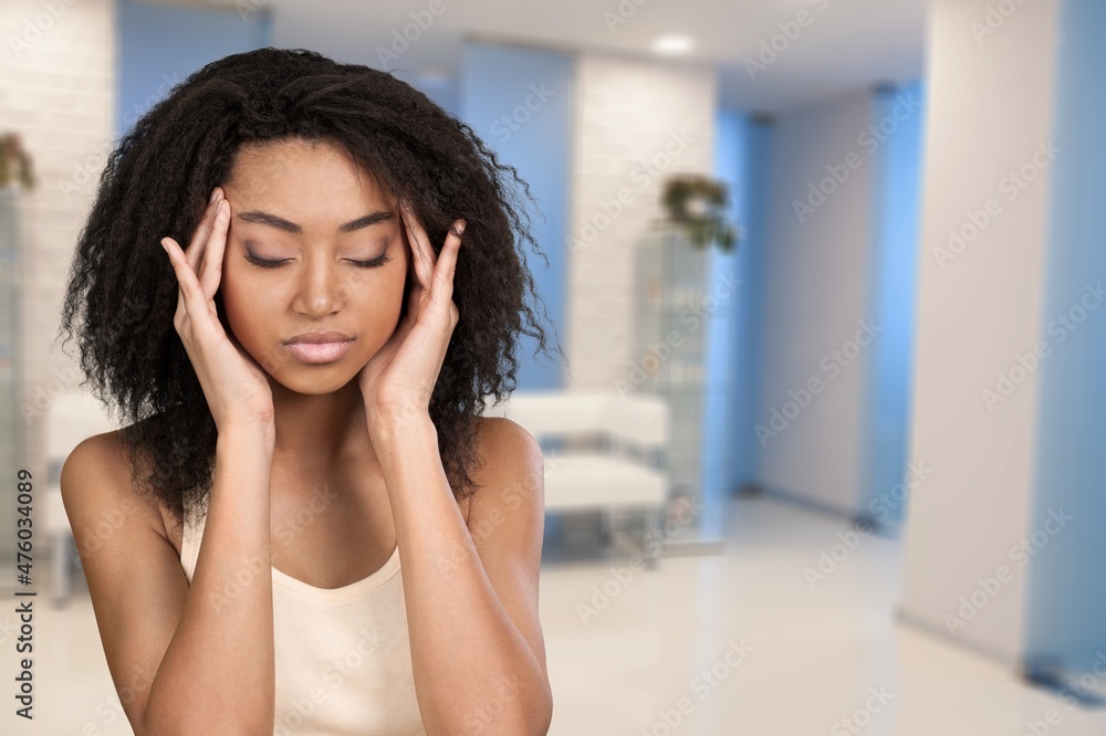 Distressed tired woman touch temples, suffer huge migraine need painkillers, painful headache, Distressed tired woman touch temples, suffer huge migraine need painkillers, painful headache,
