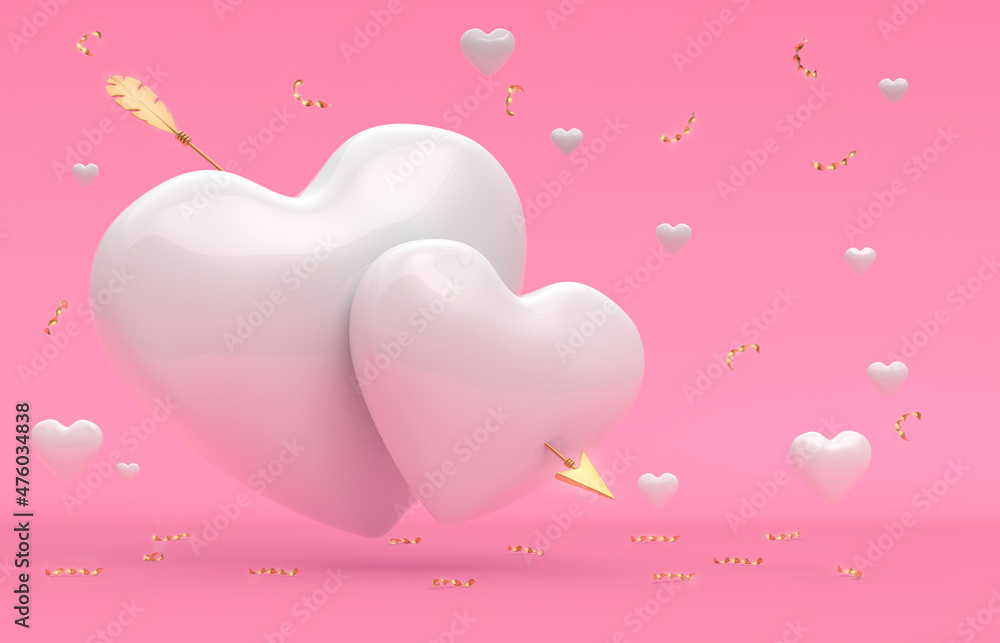 A festive Valentine's Day card with white hearts with an arrow and golden confetti. 3D Render