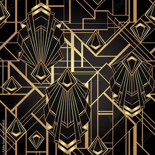 Art deco style geometric seamless pattern in black and gold. Vector illustration. Roaring 1920 s design. Jazz era inspired . 20 s. Vintage Fabric, textile, wrapping paper, wallpaper.