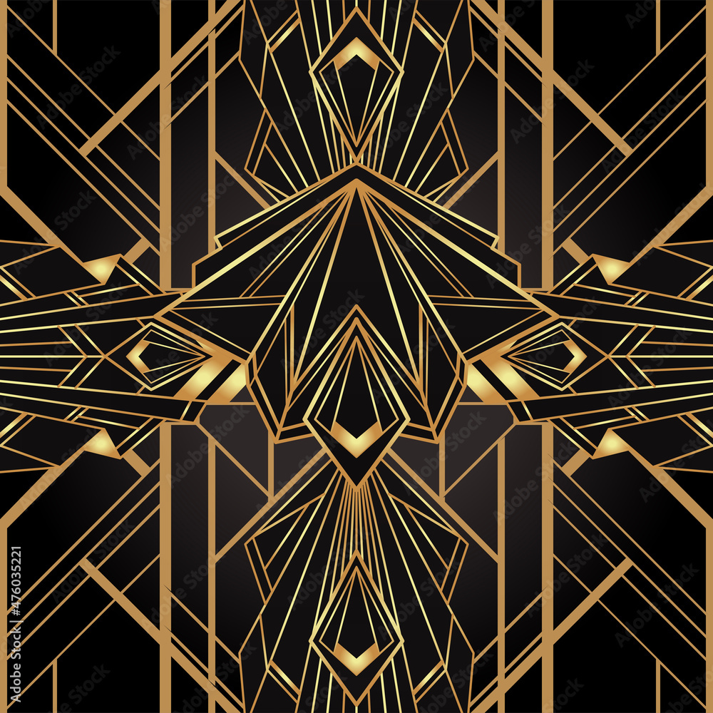 Foto auf Acrylglas mit Geometrisches nahtloses Muster im Art-Deco-Stil in Schwarz und Gold. Vektor-Illustration. Brüllendes Design der 1920er Jahre. Jazz-Ära inspiriert. 20 Sek. Vintage Stoff, Textil, Packpapier, Tapete. #476035221