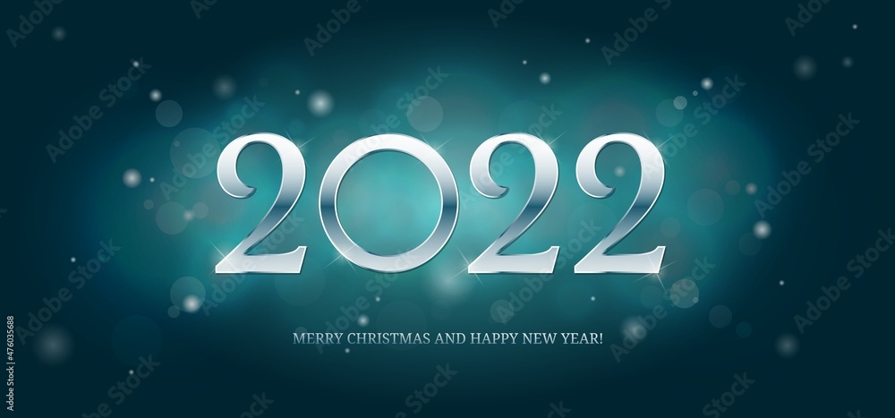 Silver numbers are 2022. Flashlights. Banner, greeting card, happy New Year. The inscription happy New Year Vector illustration.