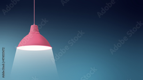 Realistic light bulb hanging from the ceiling. Pendant lamp. Dark blue wall. Interior design. Vector illustration.