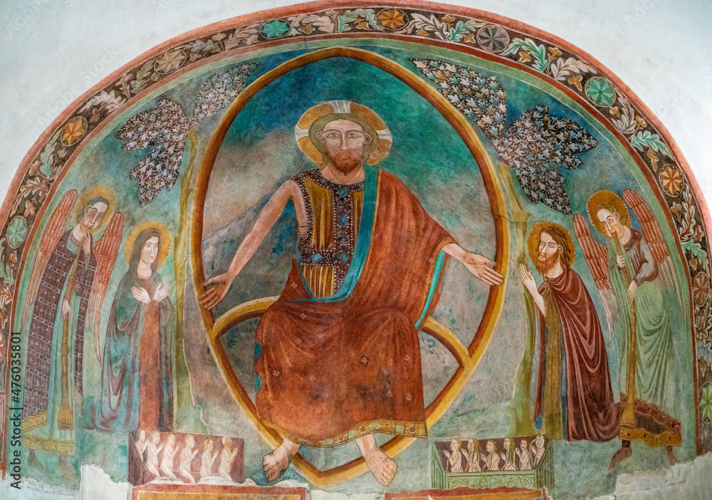 Byzantine fresco of Christ Pantocrator in church of San Pietro in Mavino in Sirmione, Italy