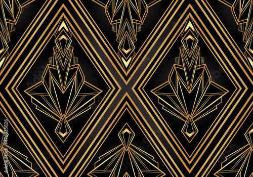 Art deco style geometric seamless pattern in black and gold. Vector illustration. Roaring 1920 s design. Jazz era inspired . 20 s. Vintage Fabric, textile, wrapping paper, wallpaper.