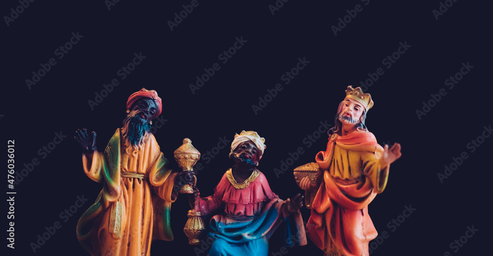 Christmas nativity scene of Three wise men follow the Star for worship Jesus Christ new born king in the manger.Traditional Christmas advent Nativity Scene Jesus background.christian nativity scene