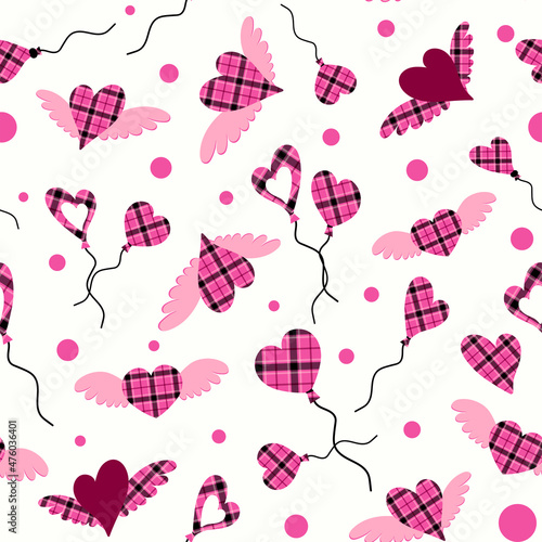 Heart and heart shaped inflatable balloons with wings with pink buffalo plaid background on seamless pattern.