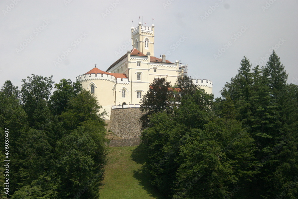 A medieval burg, now a museum, residing on the top of a hill, surrounded by a thich decidous forest