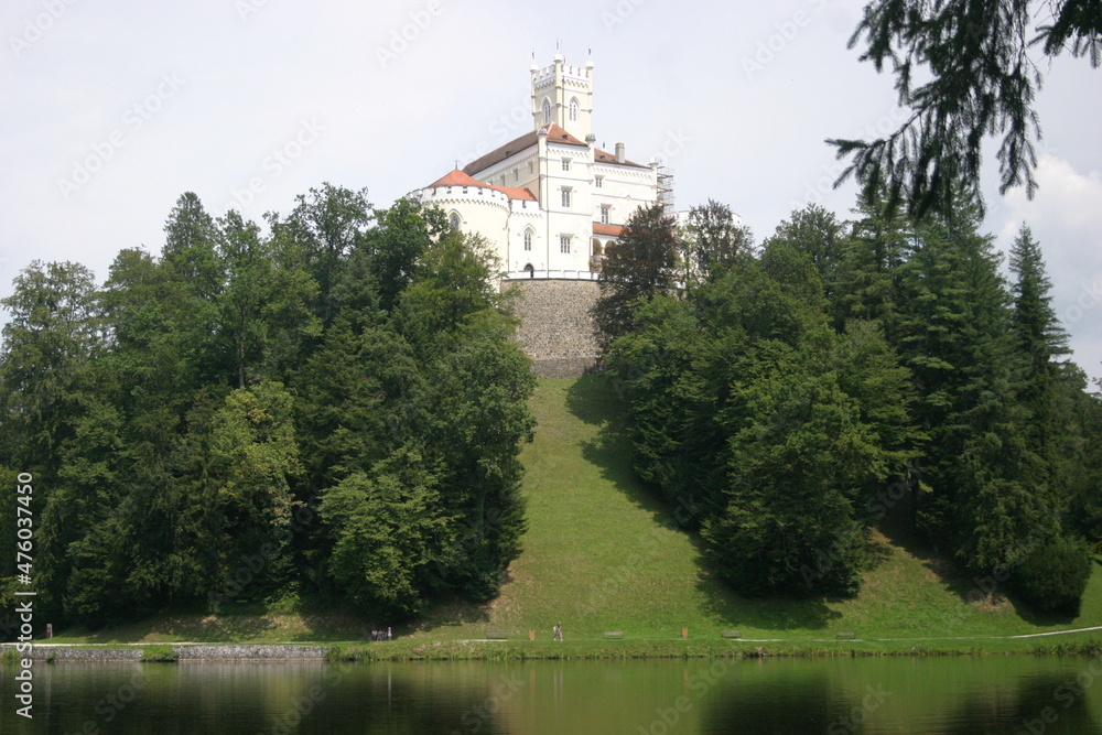 The medieval castle, now museum, Trakošćan, Varaždin County, Croatia, on the top of the hill surrounded by a beautiful forest
