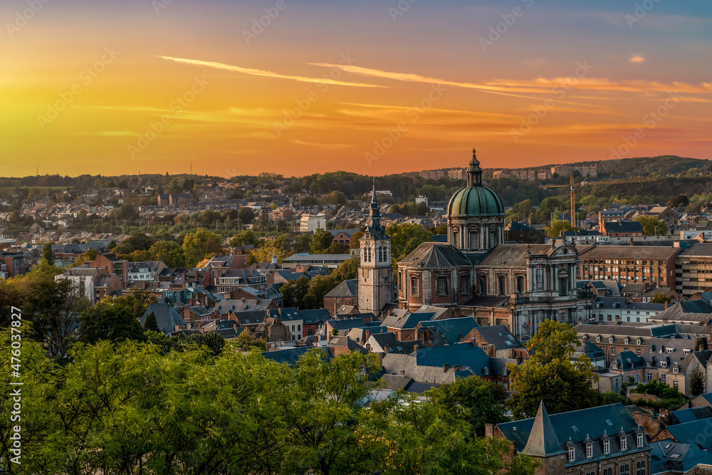 Panoramic Namur city view with Cathedral of Saint Aubain at sunset from Citadel, Namur, Belgium