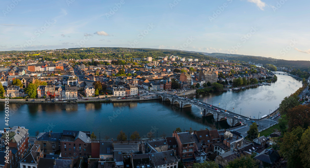 Panoramic Namur city view with Meuse river from the Citadel.