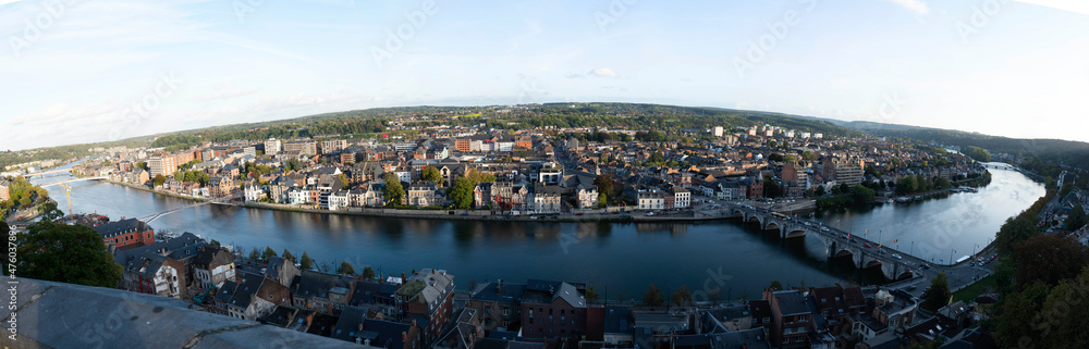 Namur, Belgium - October 10 2019: Panoramic Namur city view with Meuse river from the Citadel.