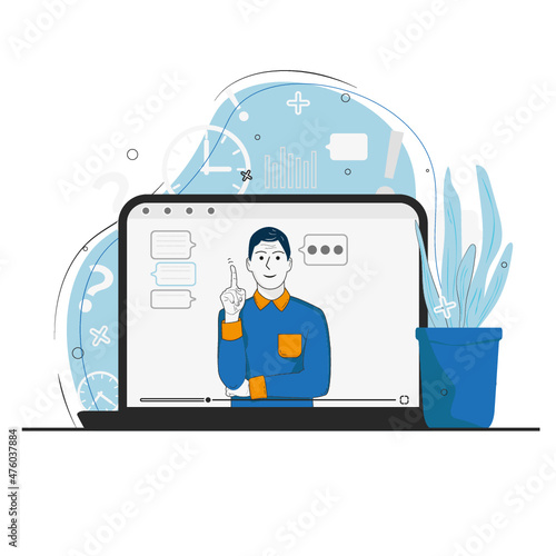 a man conducts a webinar consultation distance learning concept