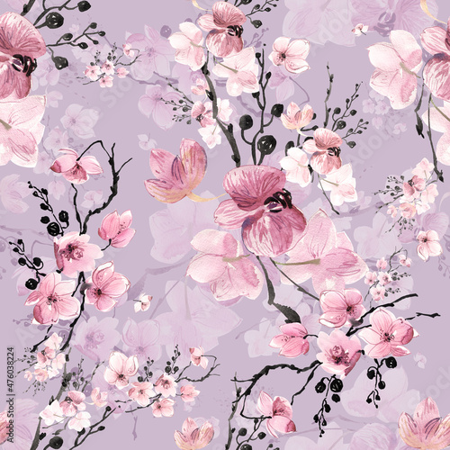  Abstract seamless drawn pattern exotic lovely orchid flowers