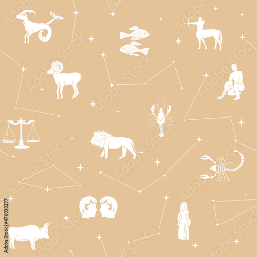 beige vector seamless pattern - Zodiac constellations and stars