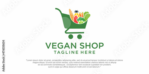 Vegetable shop logo design inspiration. Vector illustration of vegetables on trolley.