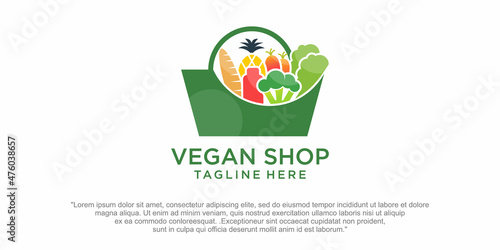 Vegetable shop . combination vegan and bag shop. logo template design Premium Vector