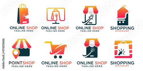 Online Shop icon set Logo designs .Combination ,shop,shopping bag,trolley, phone,computer and map