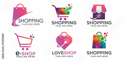 Online Shop icon set Logo designs .Illustration vector graphic of shop, shopping bag and trolley
