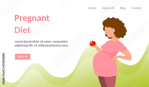 Pregnancy diet banner. Cute Cartoon Pregnant Woman in Trousers and T-shirt Holds Red Apple in Her Hand. Flat Style. Healthy Food Concept During Pregnancy. Vector Illustration.