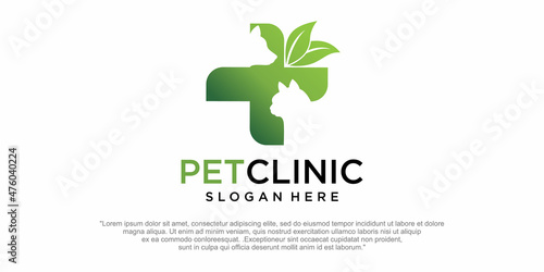 pet clinic logo design template. cat and dog vector silhouette combination leaf nature