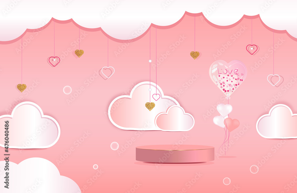 Pink podium with balloons, clouds, rose and golden hearts. Modern vector background. Love Valentain's day 3d rendering.
