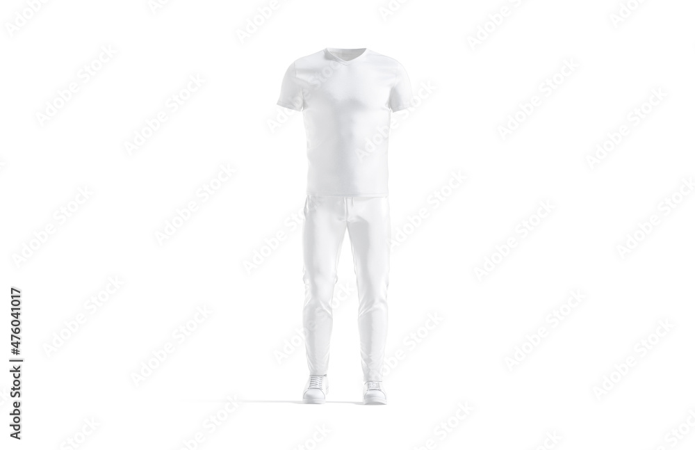 Blank white sport uniform with v-neck t-shirt and pants mockup Blank white sport uniform with v-neck t-shirt and pants mockup