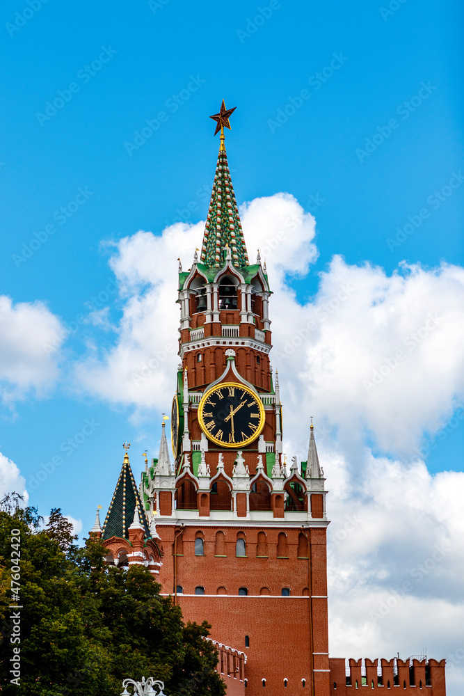 Spasskaya Tower, the famous clock tower of the Kremlin at Red Square in Moscow, Russia, Europe