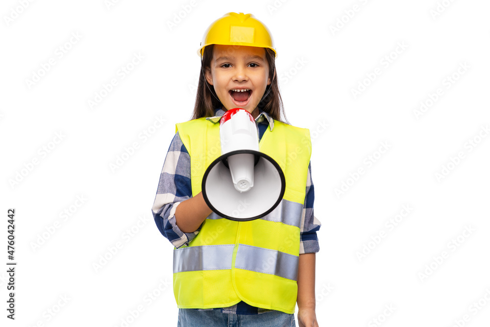 building, construction and profession concept - smiling little girl in protective helmet and safety talking to megaphone vest over white background building, construction and profession concept - smiling little girl in protective helmet and safety talking to megaphone vest over white background