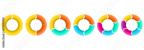 Pie chart set. 3d circle diagram with 1, 2, 3, 4, 5, 6 steps or section. Progress graph template. Infographic design element. Vector illustration.