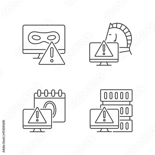Computer system attacks linear icons set. Trojan horse and rootkit. Computer network disruption. Customizable thin line contour symbols. Isolated vector outline illustrations. Editable stroke