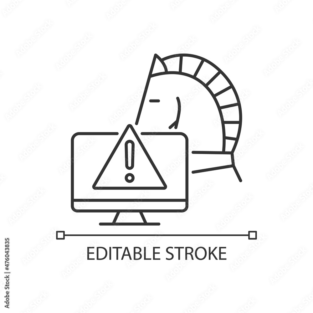 Backdoor trojan linear icon. Malicious remote access to computer. Thin line customizable illustration. Contour symbol. Vector isolated outline drawing. Editable stroke. Arial font used Backdoor trojan linear icon. Malicious remote access to computer. Thin line customizable illustration. Contour symbol. Vector isolated outline drawing. Editable stroke. Arial font used