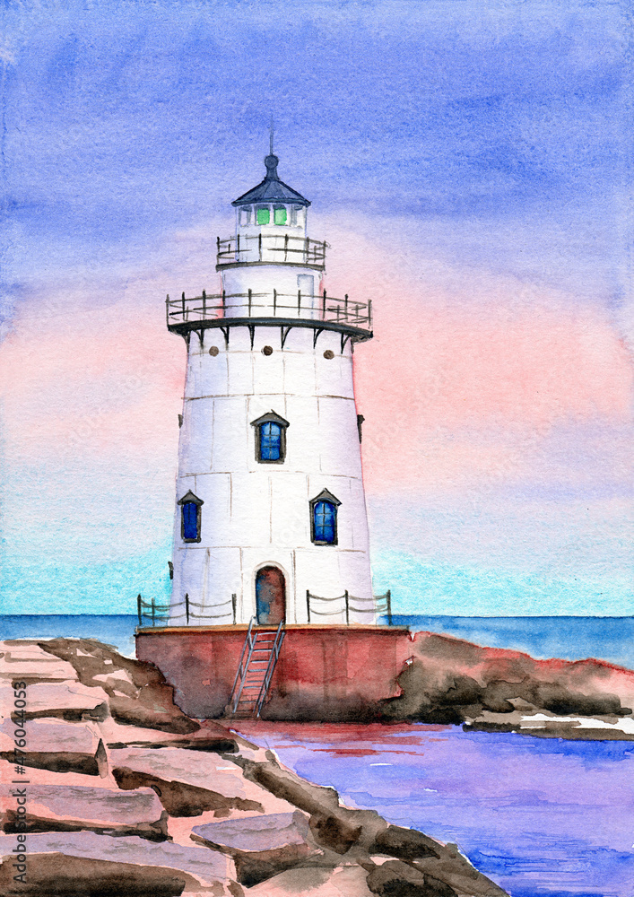 Watercolor illustration of a Saybrook Breakwater Light lighthouse on a red base standing on a stone embankment and a blue sea on the horizon