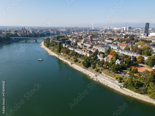 Drone view at river Rhine on Basel, Switzerland