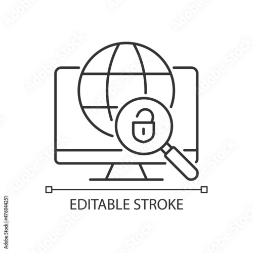 DNS tunneling detecting linear icon. Detect attackers by request analysis. Thin line customizable illustration. Contour symbol. Vector isolated outline drawing. Editable stroke. Arial font used