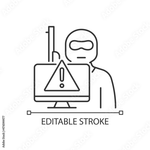 Cyberterrorism linear icon. Illegal cyber attack. Coercion and intimidation. Thin line customizable illustration. Contour symbol. Vector isolated outline drawing. Editable stroke. Arial font used