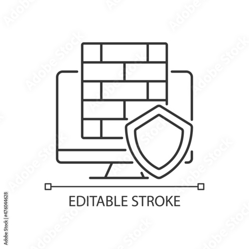 Firewall linear icon. Protective software and hardware. Cybersecurity device. Thin line customizable illustration. Contour symbol. Vector isolated outline drawing. Editable stroke. Arial font used