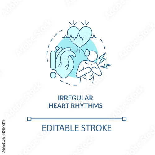 Irregular heart rhythms turquoise concept icon. Fast heartbeat. Dysrhythmia abstract idea thin line illustration. Isolated outline drawing. Editable stroke. Roboto-Medium, Myriad Pro-Bold fonts used